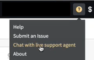 Basis top navigation menu with the Help icon selected and showing the Help, Submit and Issue, Chat with live support agent, and About options. The Chat with live support agent option is highlighted.